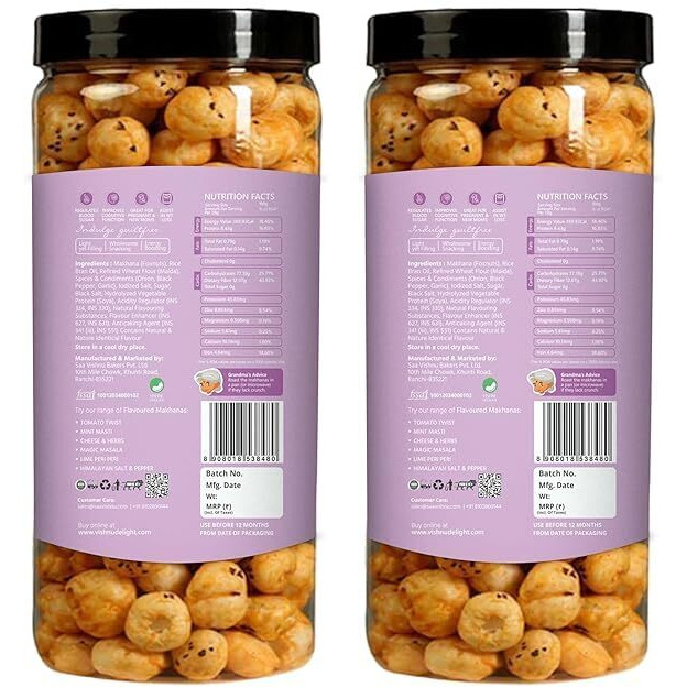 Vishnu Delight Organic Roasted Makhana, Magic Masala Flavor, 2 Packs Of 90G Each - Crunchy, Deliciously, And Full Of Flavorful Indian Spices