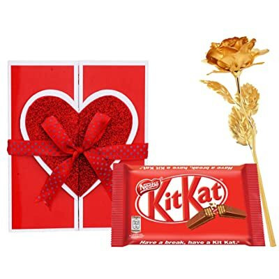 Cluze|Love You Gift Chocolate Hamper For Boyfriend- Artificial Golden Rose & Kitkat Chocolate Combo- Valentine Day-Birthday-Rose Day Gift - 175 Gram