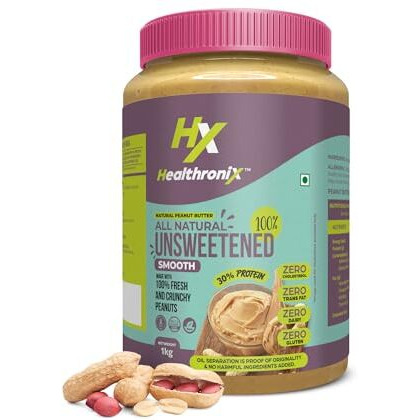Healthronix All Natural Smooth Peanut Butter 1Kg | 100% Roasted Peanuts | 30G High Protein 10G Dietary Fibre | Nut Butter Spread | No Added Sugar & Salt | Zero Cholesterol | Unsweetened Peanut Butter