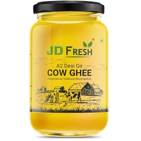Jd Fresh A2 Gir Cow Ghee 1L/Pure Cow Ghee/Traditional Bilona Method/Pure And Healthy Immunity Booster, Natural, Fresh Desi Cow Ghee (Glass Bottle - 1Litre)