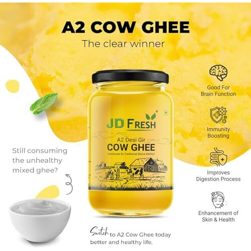 Jd Fresh A2 Gir Cow Ghee 1L/Pure Cow Ghee/Traditional Bilona Method/Pure And Healthy Immunity Booster, Natural, Fresh Desi Cow Ghee (Glass Bottle - 1Litre)