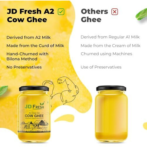Jd Fresh A2 Gir Cow Ghee 1L/Pure Cow Ghee/Traditional Bilona Method/Pure And Healthy Immunity Booster, Natural, Fresh Desi Cow Ghee (Glass Bottle - 1Litre)