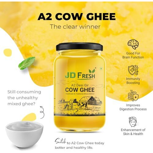 Jd Fresh A2 Gir Cow Ghee 500 Ml/Pure Cow Ghee/Traditional Bilona Method/Pure And Healthy Immunity Booster, Natural, Fresh Desi Cow Ghee (Glass Bottle - 500 Ml)
