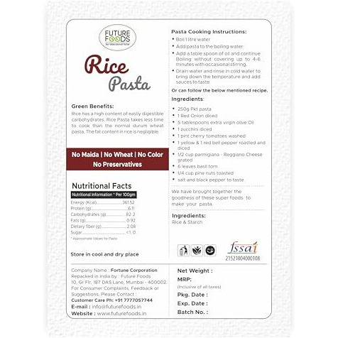 Future Foods Rice Pasta 250G | Gluten-Free | Easy To Digest | No Maida, Wheat Or Preservatives | Healthy Snacks | Celiac-Safe | Ideal For Pcos Support