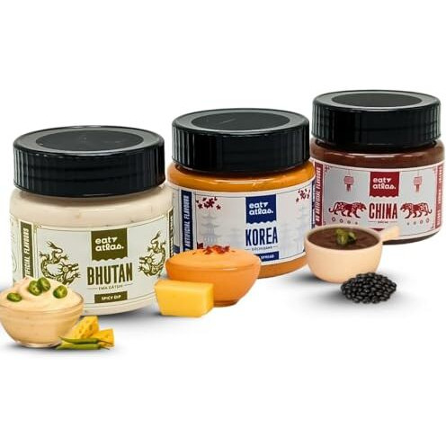 Eat Atlas International Gourmet 3 Dips Combo  Ema Datshi (Bhutan), Gochujang (Korea), Dochi Black Bean (China) | Ready-To-Eat (Pack Of 3) (100Gm Each)