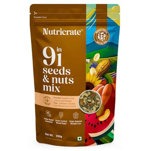 Nutricrate 9-In-1 Seeds & Nuts Mix | Healthy Superfood Dry Fruits | High-Protein Snack | Includes Pumpkin, Chia, Cashew, Almonds, Sesame, Sunflower, Flax, Soynuts & Peanuts 250G Pack