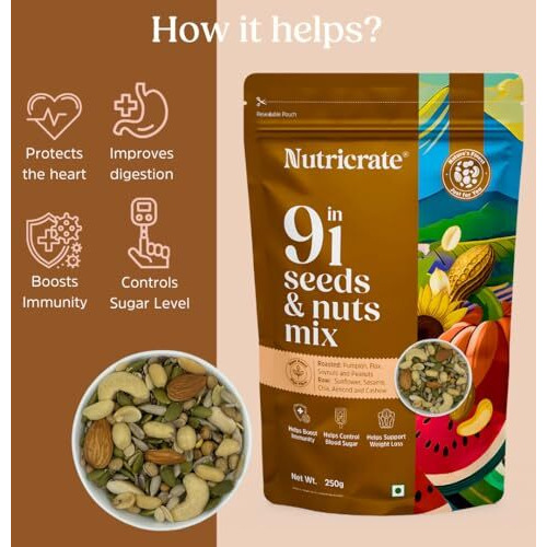 Nutricrate 9-In-1 Seeds & Nuts Mix | Healthy Superfood Dry Fruits | High-Protein Snack | Includes Pumpkin, Chia, Cashew, Almonds, Sesame, Sunflower, Flax, Soynuts & Peanuts 250G Pack