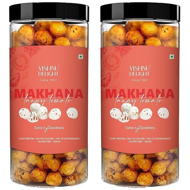 Vishnu Delight Tomato Treat Organic Roasted Makhana, (90G Each Pack Of 2), Tangy Tomato Flavored - Perfect Snack For Those Who Love The Taste Of Fresh Tomatoes
