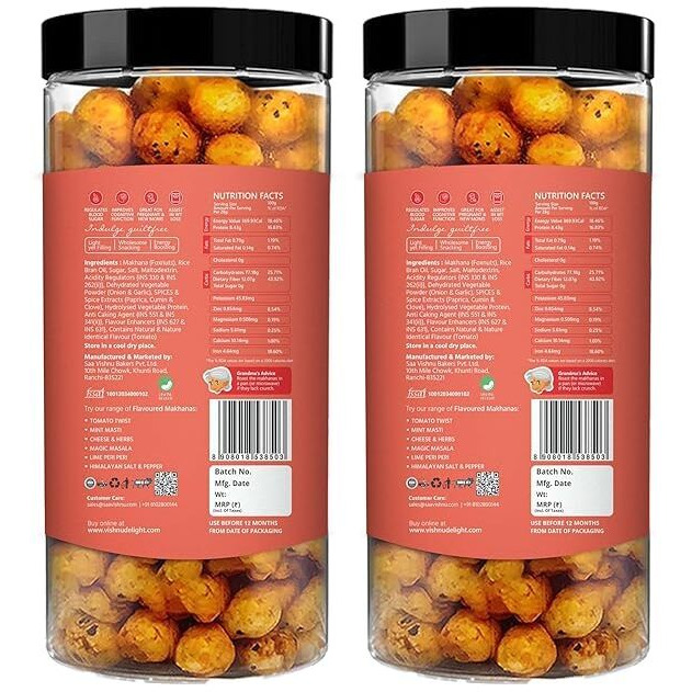 Vishnu Delight Tomato Treat Organic Roasted Makhana, (90G Each Pack Of 2), Tangy Tomato Flavored - Perfect Snack For Those Who Love The Taste Of Fresh Tomatoes