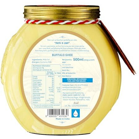 Parsi Dairy Farm Buffalo Ghee 500Ml  100% Pure & Traditional Desi Ghee With No Preservativess
