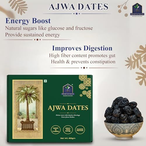 Rootstock Premium Ajwa Dates 400Gm, 100% Natural And Fresh, Imported From Saudi Arabia, Rich In Iron, Fibre And Vitamins, No Added Sugar, Perfect For Healthy Snacking Dry Fruits Soft Khajur / Khajoor Dates