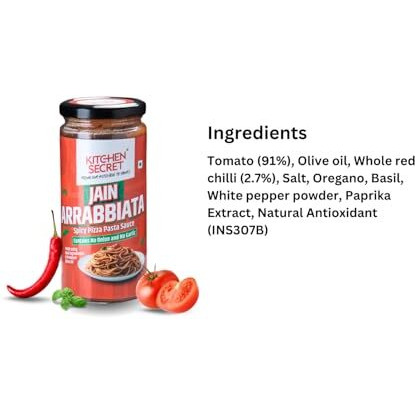 Kitchen Secret Jain Arrabbiata No Onion No Garlic Spicy Red Pizza Pasta Sauce 390G - For Pasta, Spaghetti, Pizza, Sandwiches, Wraps, Quality Ingredients, No Preservatives, Taste Of Italy