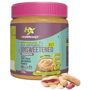Healthronix All Natural Smooth Peanut Butter 340G | 100% Roasted Peanuts | 30G High Protein 10G Dietary Fibre | Nut Butter Spread | No Added Sugar & Salt | No Palm Oil | Unsweetened Peanut Butter