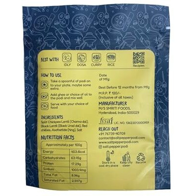 Salt Pepper Podi Incredible Idly Chutney Powder| Home-Style Healthy Gunpowder Without Garlic | Best Used With Dosas,Idlis & Upma |No Palm Oil And No Preservatives |Refill Pouch 100 Gm (Pack Of 3).