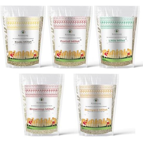 Krishiyug Unpolished 5 Millets Combo Pack Of Little Millet, Kodo, Foxtail, Barnyard And Browntop Millet 1Kg Each (Pack Of 5)