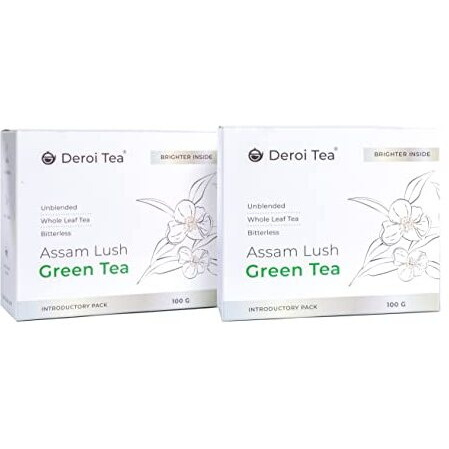 Deroi Tea Assam Lush Green Tea (Pack Of 2 X 100 Gms) | Carbon-Free Dried Tea | 100% Natural Whole Leaf | Assam Tea | 1Bud & 2 Leaves| Antioxidant Rich | Bitterless | 100 G (Per Pack) - 60 Cups