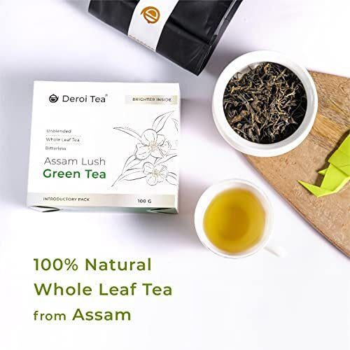 Deroi Tea Assam Lush Green Tea (Pack Of 2 X 100 Gms) | Carbon-Free Dried Tea | 100% Natural Whole Leaf | Assam Tea | 1Bud & 2 Leaves| Antioxidant Rich | Bitterless | 100 G (Per Pack) - 60 Cups