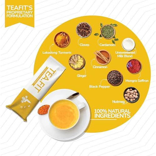 Teafit No Sugar Instant Turmeric Latte | Healing Haldi Doodh | 50 Sachets (750Gm) + Spoon | Get Good Sleep | Ayurvedic Remedy | Diabetic-Friendly | With Lakdadong Turmeric