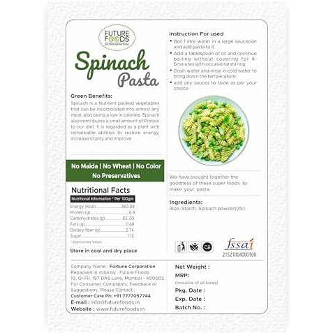 Future Foods Spinach Pasta 250G | Gluten-Free | Easy To Digest | No Maida, Wheat Or Preservatives | Protein-Rich Pasta | Celiac-Safe | Ideal For Pcos Support
