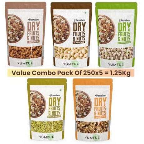 Yumful Dry Fruits Combo Pack Of 5-1.25Kg (Each 250G) | Healthy Snack Mix Of Almonds, Cashews, Salted Pistachios, Raisins, And Walnuts | Nutritious And Delicious Nuts For Energy, Immunity