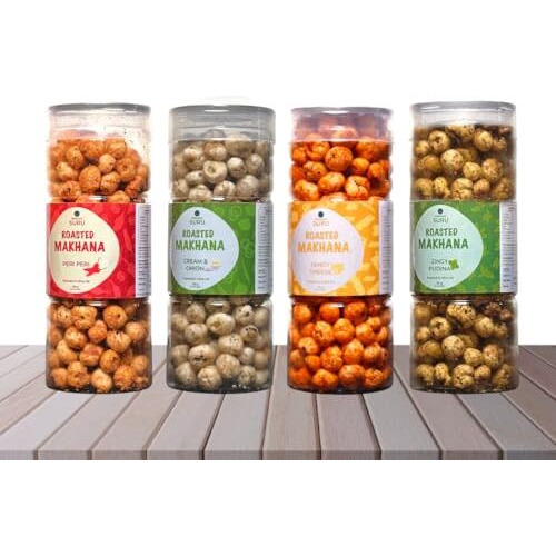 Suru Olive Oil Roasted Makhana Snack Pack, 4 Flavours - Peri Peri, Tangy Cheese, Zingy Pudina, Cream & Onion (90 Grams Each)