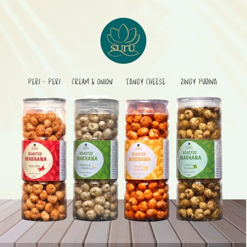 Suru Olive Oil Roasted Makhana Snack Pack, 4 Flavours - Peri Peri, Tangy Cheese, Zingy Pudina, Cream & Onion (90 Grams Each)