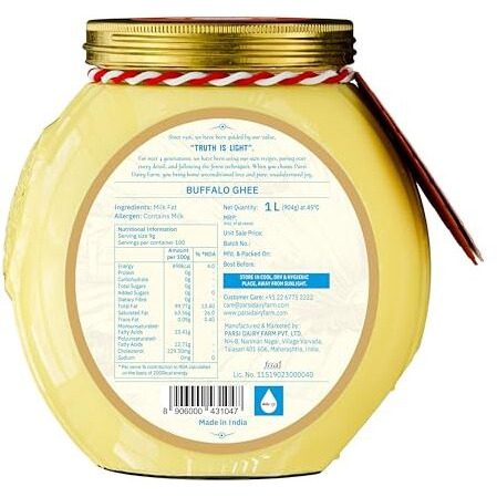 Parsi Dairy Farm Buffalo Ghee 1L  100% Pure & Traditional Desi Ghee With No Preservatives