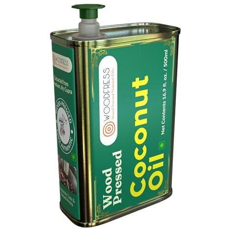 Woodfress Cold Pressed Coconut Oil 500Ml - Pure & Natural Nariyal Tel, Wood Pressed Oil For Cooking, Unrefined Oil Lakdi Ghani, Multipurpose Cooking & Hair Care, Woodpress Nariyal Oil, Metal Tin 500Ml