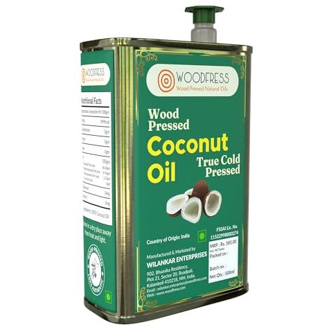 Woodfress Cold Pressed Coconut Oil 500Ml - Pure & Natural Nariyal Tel, Wood Pressed Oil For Cooking, Unrefined Oil Lakdi Ghani, Multipurpose Cooking & Hair Care, Woodpress Nariyal Oil, Metal Tin 500Ml