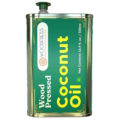 Woodfress Cold Pressed Coconut Oil 500Ml - Pure & Natural Nariyal Tel, Wood Pressed Oil For Cooking, Unrefined Oil Lakdi Ghani, Multipurpose Cooking & Hair Care, Woodpress Nariyal Oil, Metal Tin 500Ml