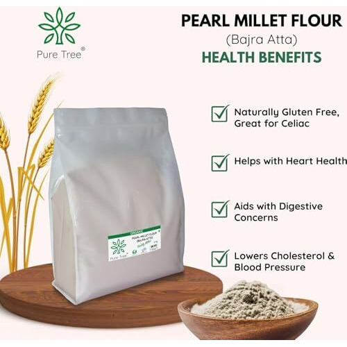 Pure Tree Certified Organic Bajra Flour Freshly Milled | 5 Kg |Bajra Atta | Gluten-Free Pearl Millet Organic Flour | Bajre Ka Atta | Millet Atta | Kambu Flour