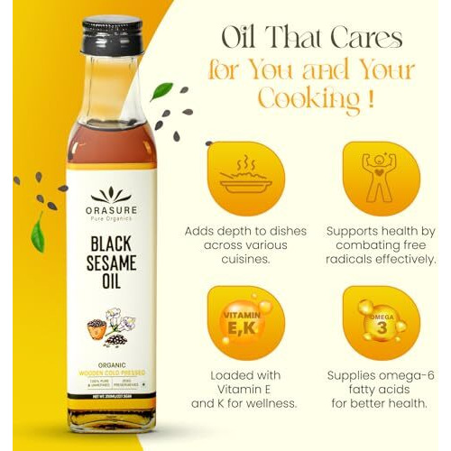 Orasure Organic Black Sesame Oil | Wooden Cold Pressed Oil For Cooking | Til Ka Tel | Pure And Unrefined | Zero Preservative | Gingelly Oil | Kolhu/Kacchi Ghani/Chekku | With Multipurpose Usage | 500Ml