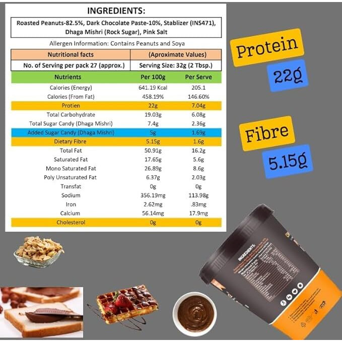 Ownchoice Peanut Butter Dark Chocolate | Made With Premium Roasted Peanuts & Dark Chocolate Paste And Rock Sugar (Dhaga Mishri) & Pink Salt | Healthy & Tasty Nut Butter | 22G Protein & 5.2G Dietary Fiber | Gluten Free, Zero Cholesterol & Trans Fat, Vit E & B3 (850G) (850G, Chocolate Crunchy)