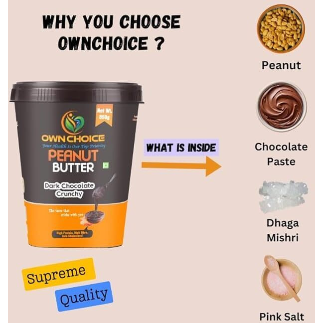 Ownchoice Peanut Butter Dark Chocolate | Made With Premium Roasted Peanuts & Dark Chocolate Paste And Rock Sugar (Dhaga Mishri) & Pink Salt | Healthy & Tasty Nut Butter | 22G Protein & 5.2G Dietary Fiber | Gluten Free, Zero Cholesterol & Trans Fat, Vit E & B3 (850G) (850G, Chocolate Crunchy)