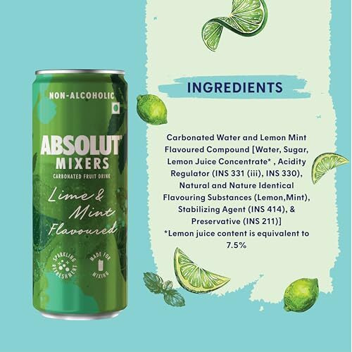 Absolut Cocktail Mixers, Lemon And Mint Flavour, Pack Of 6, 6 X 250Ml