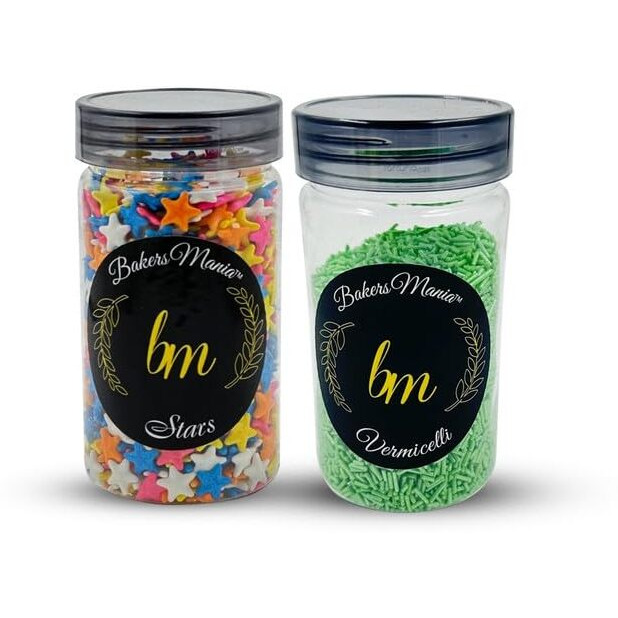 Bakers Mania Combo Of Star Shaped (150Gm) And Vermicelli Edible Sprinkles (125Gm) For Cake, Cupcake, Dessert, Pastry, Ice Cream, Brownies Decoration, Baking Cake Items (150 Gm Each)2 Pc