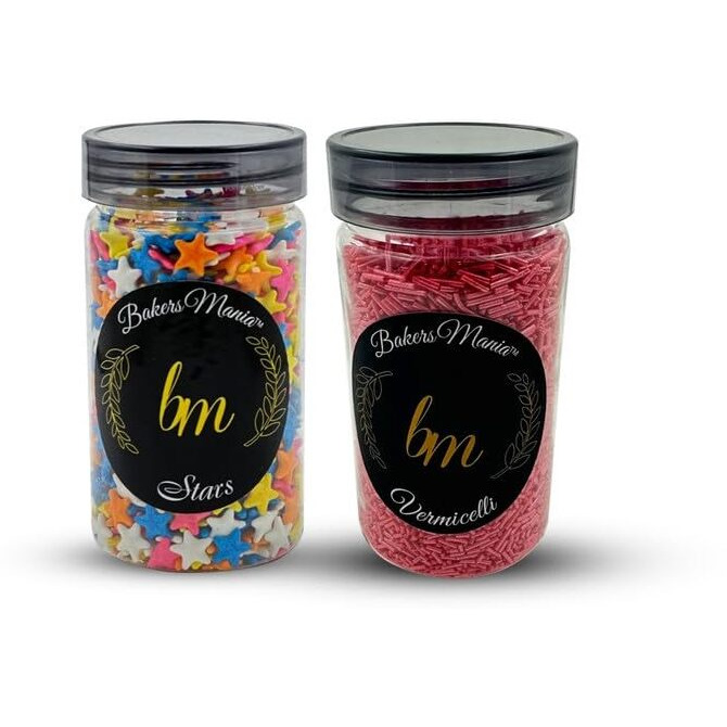 Bakers Mania Combo Of Star Shaped (150Gm) And Vermicelli Edible Sprinkles (125Gm) For Cake, Cupcake, Dessert, Pastry, Ice Cream, Brownies Decoration, Baking Cake Items (150 Gm Each)2 Pc