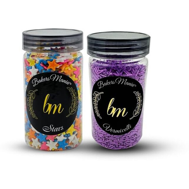Bakers Mania Combo Of Star Shaped (150Gm) And Vermicelli Edible Sprinkles (125Gm) For Cake, Cupcake, Dessert, Pastry, Ice Cream, Brownies Decoration, Baking Cake Items (150 Gm Each)2 Pc