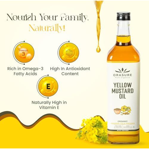 Orasure Organic Yellow Mustard Oil | Wooden Cold Pressed For Daily Cooking | Sarso Ka Tel | Pure & Unrefined | Zero Preservative | Kolhu/Kacchi Ghani/Chekku | Chemical-Free | 1L