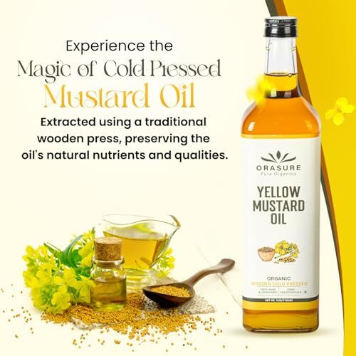 Orasure Organic Yellow Mustard Oil | Wooden Cold Pressed For Daily Cooking | Sarso Ka Tel | Pure & Unrefined | Zero Preservative | Kolhu/Kacchi Ghani/Chekku | Chemical-Free | 1L