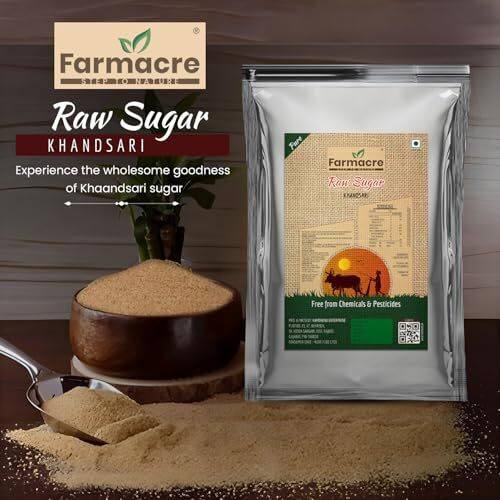 Farmacre Raw Sugar | Raw Cane Sugar | Khandsari | Healthy Herbal Cane Sugar, Desi Khand | Product Of Cow Based Natural Farming (Cbnf) | Product Of Chemicals Free & Pesticides Free - 5Kg (Pack Of 1)