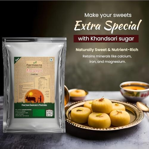 Farmacre Raw Sugar | Raw Cane Sugar | Khandsari | Healthy Herbal Cane Sugar, Desi Khand | Product Of Cow Based Natural Farming (Cbnf) | Product Of Chemicals Free & Pesticides Free - 5Kg (Pack Of 1)