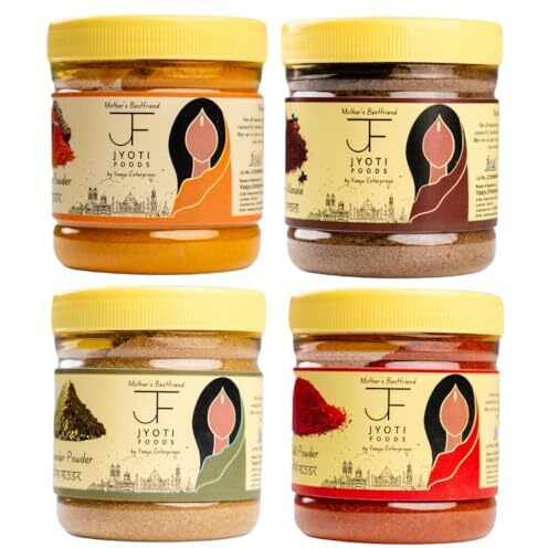 Jyoti Foods Indian Daily Spice Kit | Turmeric, Red Chilli, Coriander & Garam Masala | Stone-Ground & Aromatic | Pure & Natural | Free Spoon Inside | A MotherS Best Friend (Each 100Gm, Pack Of 4)