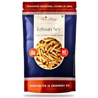 Spiceraga | Lehsun Sev Pack Of 5 | No Palm Oil | Pure Groundnut Oil | No Trans Fat | Crispy & Spicy Teatime Snack | Healthy Namkeen Lahsun Sev | 100% Natural Ingredients | 140G Each