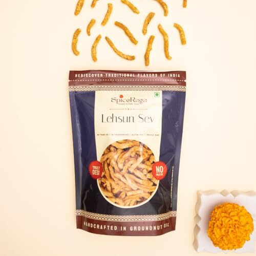 Spiceraga | Lehsun Sev Pack Of 5 | No Palm Oil | Pure Groundnut Oil | No Trans Fat | Crispy & Spicy Teatime Snack | Healthy Namkeen Lahsun Sev | 100% Natural Ingredients | 140G Each