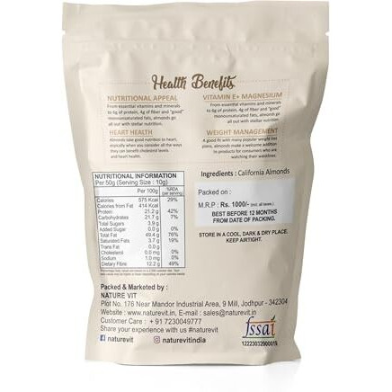 Naturevit Jumbo California Almonds, 500G | Big Size Badaam | 100% Natural Crunchy Badam Giri | Nuts & Dry Fruits | Rich In Protein, Fibre, Vitamin E, Magnesium & Calcium|Healthy Snacks | Dry Fruit Gift Pack