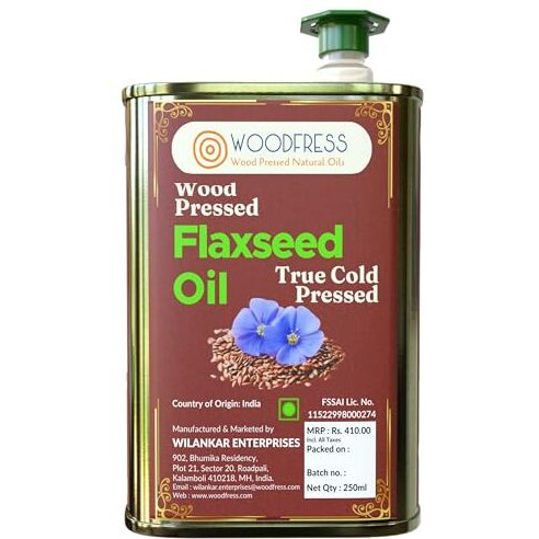 Woodfress Flaxseed Oil Cold Pressed - 250Ml, Omega 3 Alsi Oil, Pure & Natural Linseed Oil, Javas/Jawas Alsi Ka Tel For Cooking, Salads & Health Care, Vegan & Multipurpose, Wood Pressed Flax Seed Oil - 250Ml