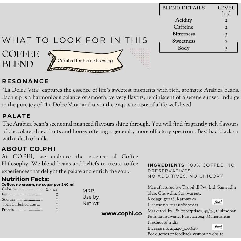 Co.Phi La Dolce Vita, 100% Arabica, Specialty Ground Coffee, 250G, Pour Over, Shade Grown, Roasted, Taste Notes - Chocolate, Caramel, Malt, Washed Processing, No Chicory, Bag, Coffee Philosophy
