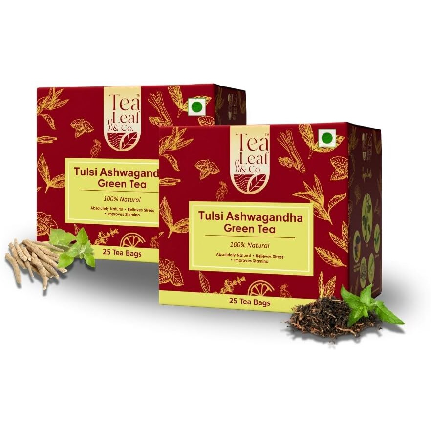 Tea Leaf & Co. Tulsi Ashwagandha Green Tea Combo Stress Relief & Immunity Boost Natural Total 50 Bags Pack Of 2