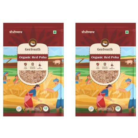 Geosvasth Organic Red Poha 500 G | 100% Certified Flattened And Beaten Rice | Chemical, Pesticides Or Gluten Free | Avalakki, Atukulu, Chira, Pohe, Phovu, Chivda | (Pack Of 2)